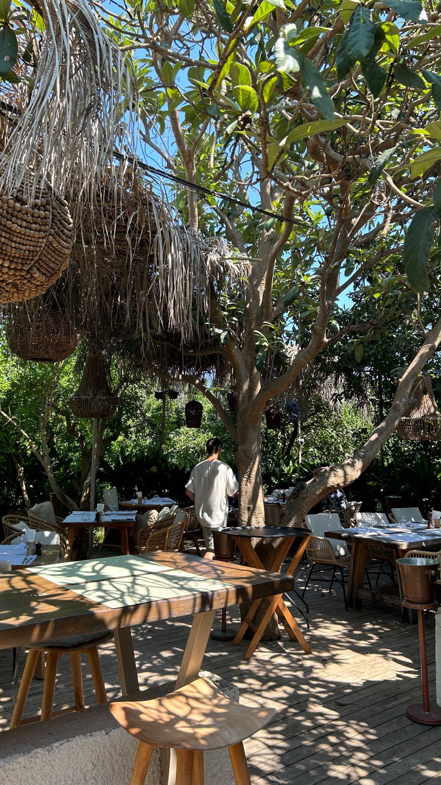 Ağaçların gölgesinde, hasır sarkıt aydınlatmalı ahşap masalı butik restoran